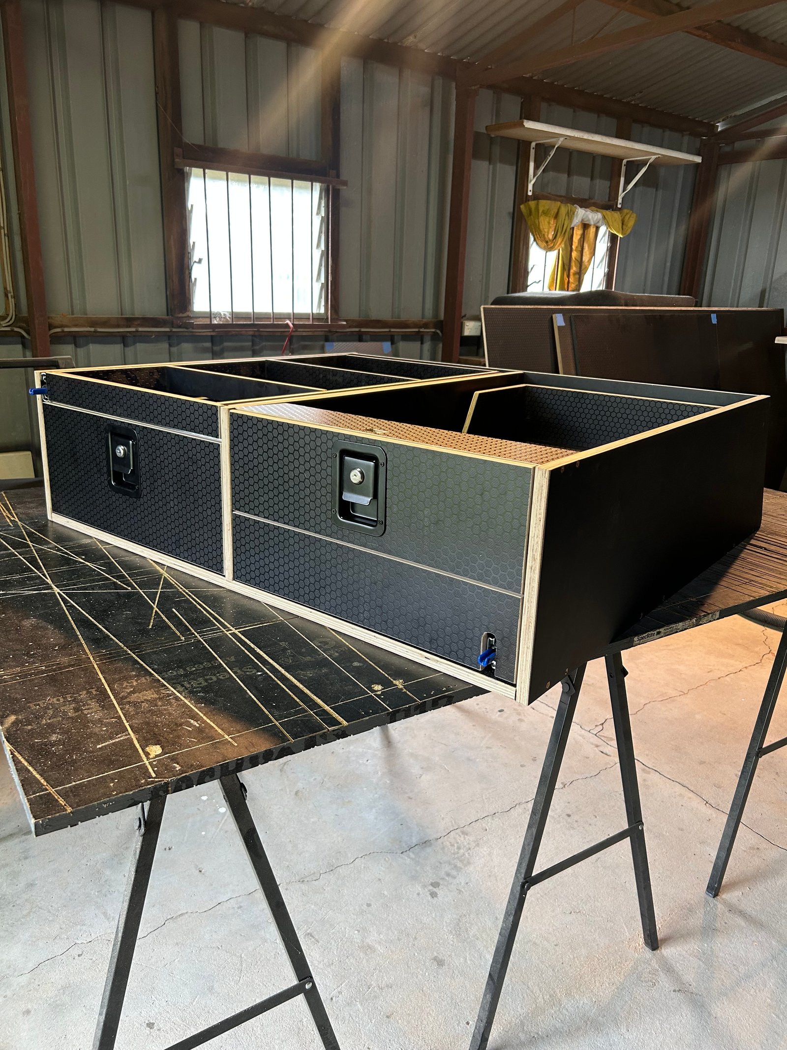 Honeycomb plywood drawer system under construction in workshop — Australian-made multi-compartment 4WD cargo drawers by TAWL