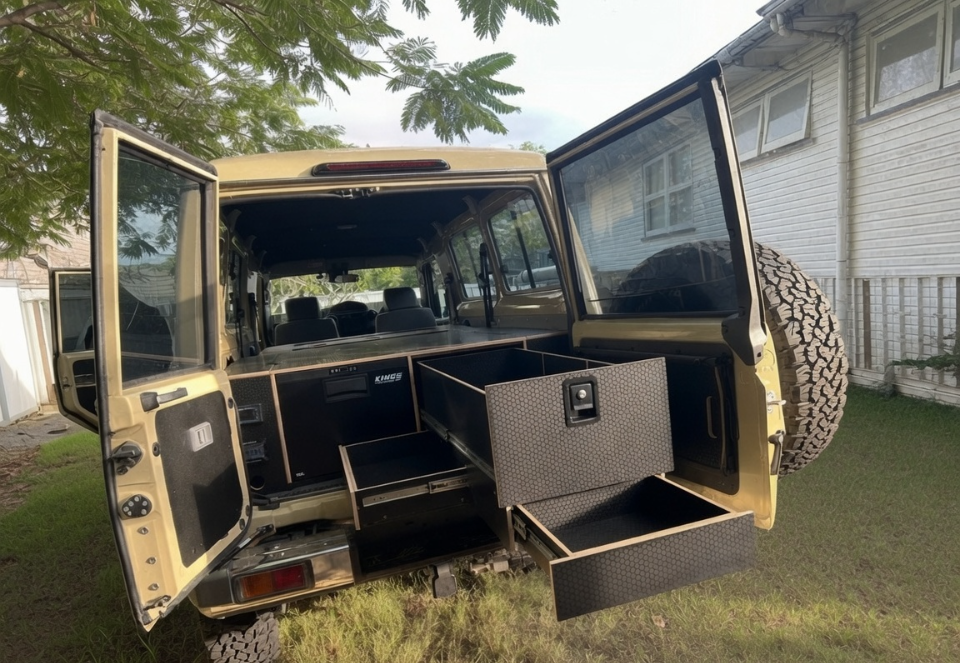 Toyota Troopy drawer system with Kings fridge — honeycomb slide-out drawers fully extended, custom 4WD cargo install by TAWL